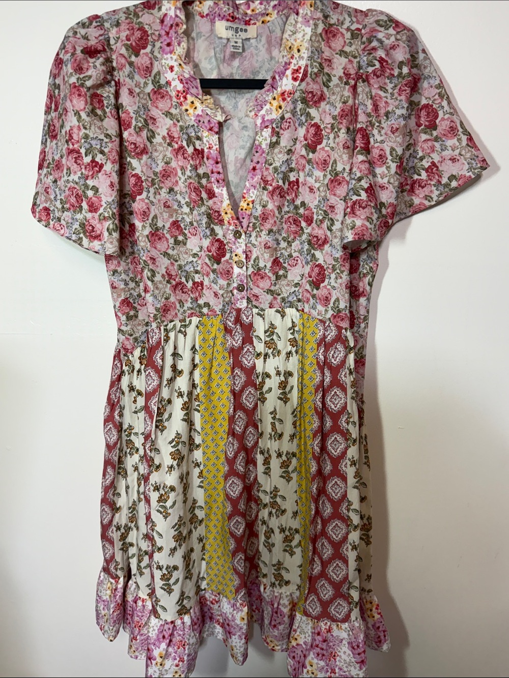 Umgee Mixed Floral Patchwork Dress in Pink, Yellow & Cream